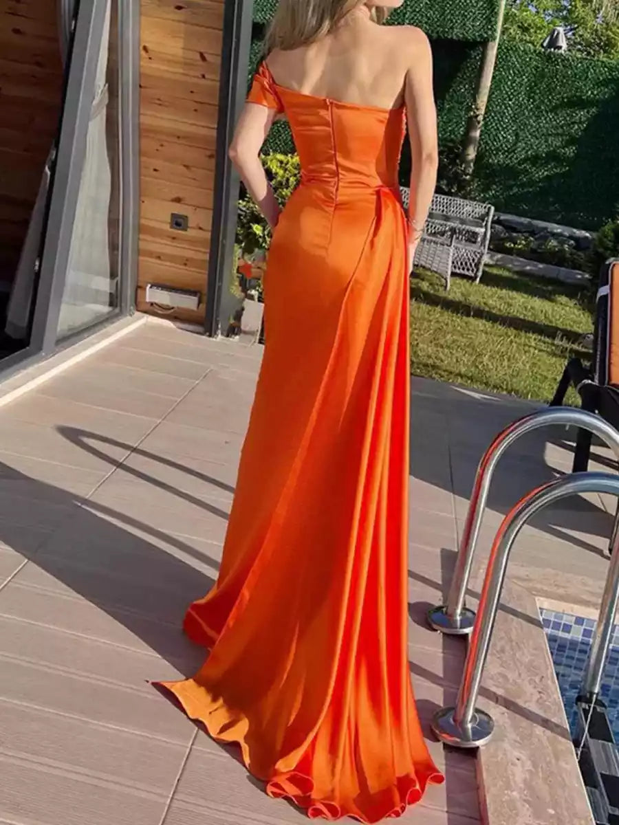 Stunning satin single shoulder collar and floor mermaid sleeveless pleated lace up back Prom Dresses
